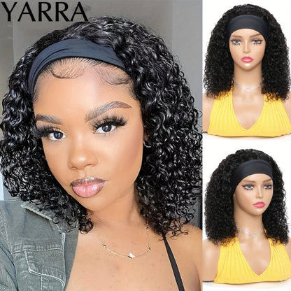 Kinky Curly Headband Wig Human Hair 180% Density — Brazilian Glueless No Lace, Full Machine Made Wig for Women, Natural Color, 14–20 Inch