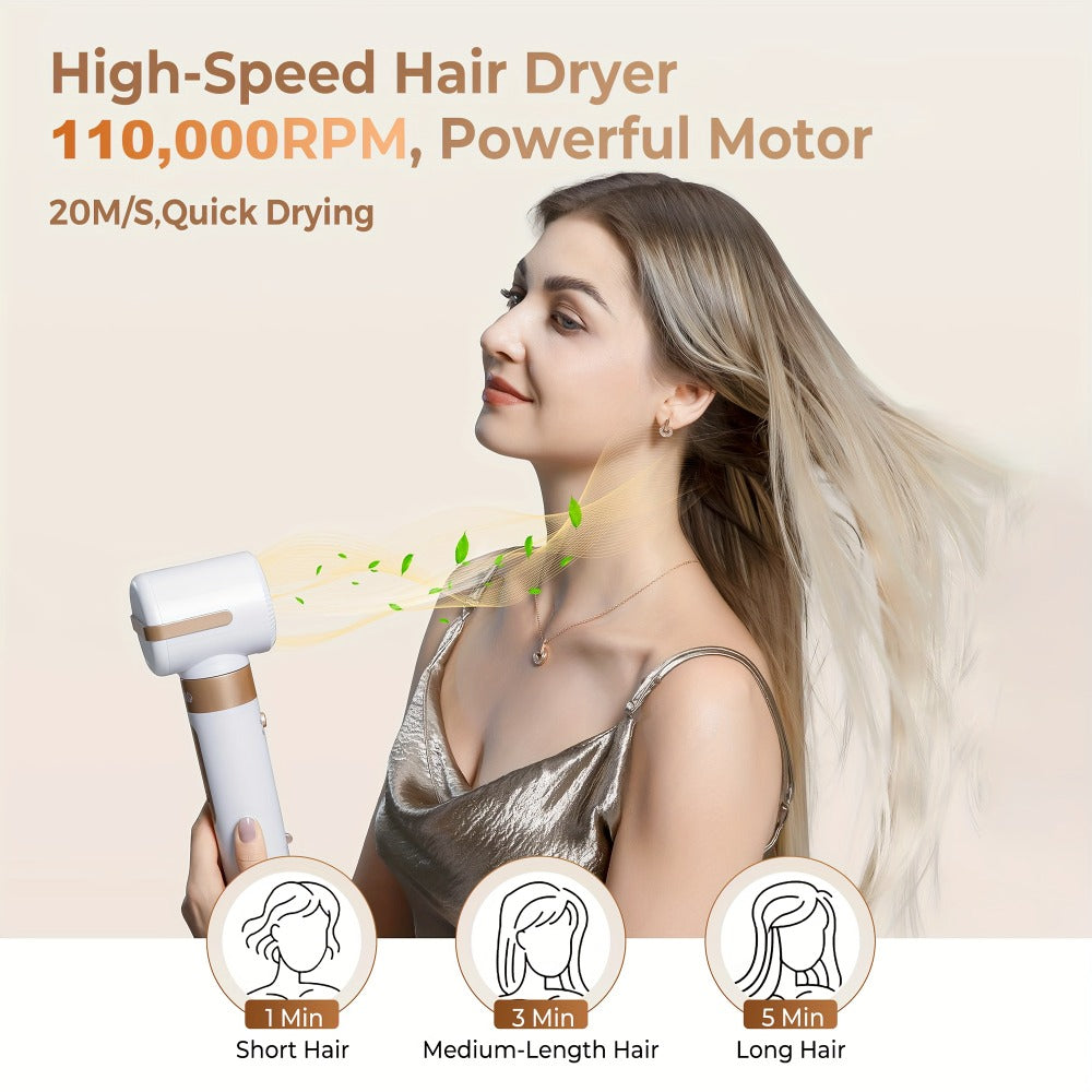Hair Dryer Brush 7 in 1, 110000 RPM Hair Dryer with Diffuser for Curly And Twisted Hair Professional Ionic Brush Blow Dryer for Salon-Quality Styling, White Golden