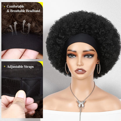 Afro Curly Headband Wig for Women — Short Kinky Curly Synthetic Wig 180% Density, No Lace No Glue, Attached Headband, Heat Resistant, Colors 1B 4# Ombre Honey Blonde