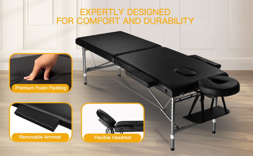 Massage Table Portable Adjustable 24" Wide Black Aluminum 3-Folding Spa Bed, Ideal for Tattoo Chair, Lash Bed, and Esthetician Massage Bed for Professionals Massage Tables Portable