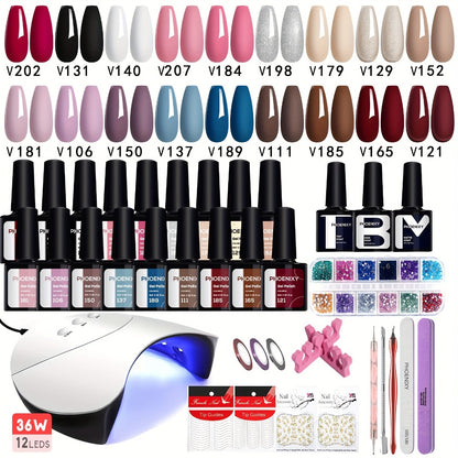 Gel Nail Polish Kit 36pcs with 36W UV LED Nail Lamp — Pink Red Purple Black Brown Blue Gel Polish Set & Manicure Tools for Home Salon Nail Art