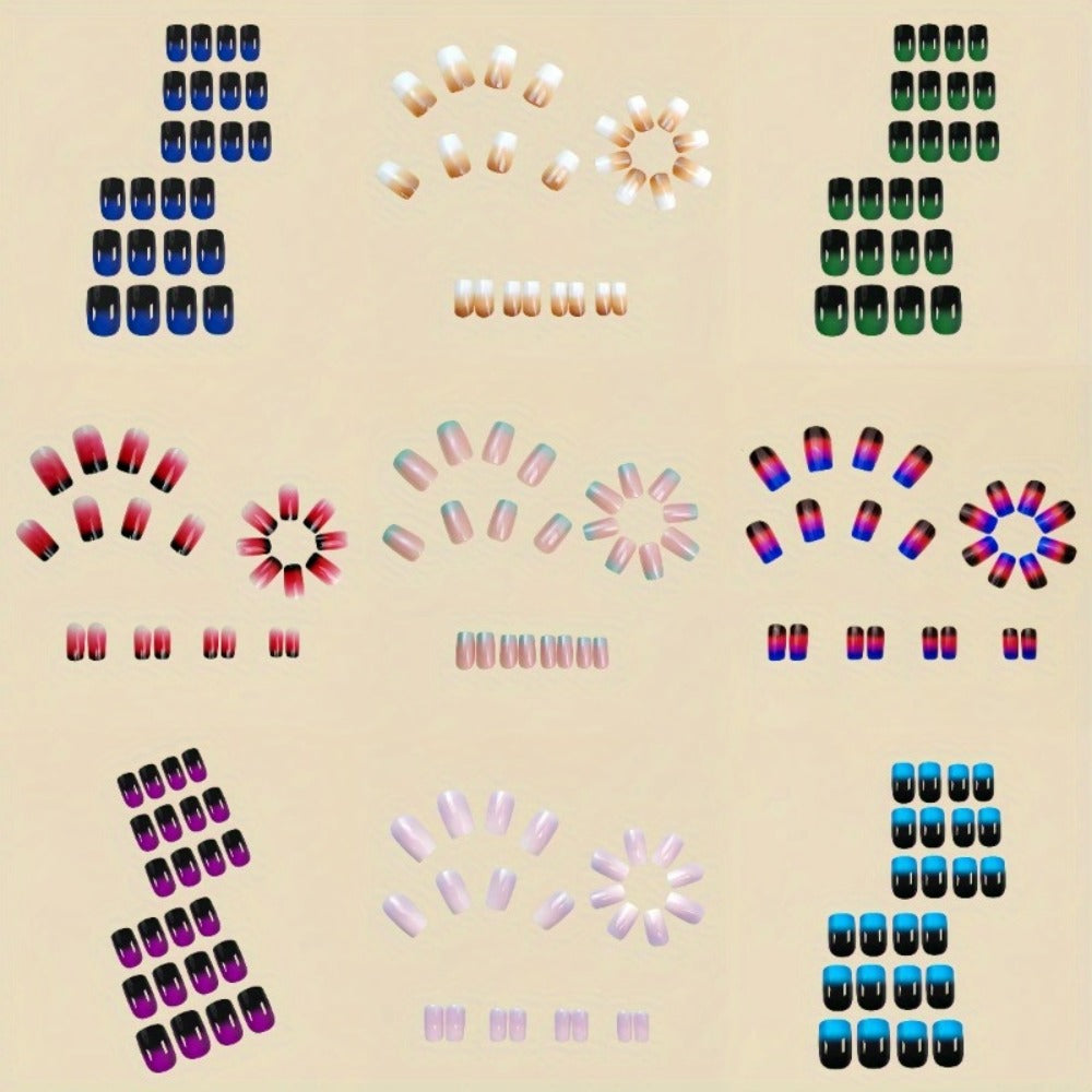 Short Square Fake Nail Glossy False Nails with Designs Gradient Glossy Press on Nails 216pcs (9 PACK) Acrylic Nails Glue on Nails Full Cover Stick on Nails for Women and