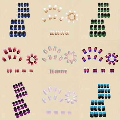 Gradient Press On Nails 216pcs Short Square - Glossy Full Cover Fake Nails with Designs Acrylic Glue On Nails Stick On Nails 9 Pack Nail Art Kit for Women Girls
