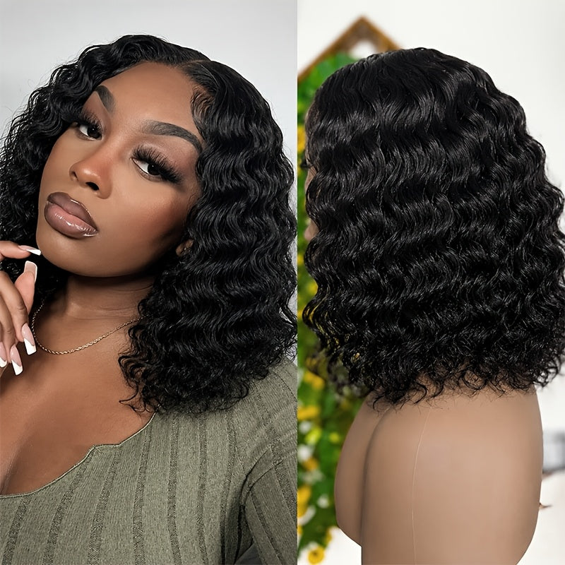 4x4 Lace Front Wig Short Curly Bob Human Hair Brazilian Deep Wave Glueless Pre-Plucked Pre-Cut Bouncy Curls Natural Hairline Beginner Friendly 12 Inch