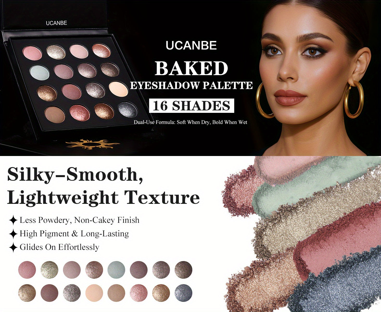 [16 Color Eyeshadow Palette] UCANBE 16 Color Baked Eyeshadow Palette with 15pcs Brushes Makeup Set, Natural Nude Matte Shimmer Metallic Eye Shadow Make Up Pallet for Women Girls, High Pigmented Long Lasting Waterproof