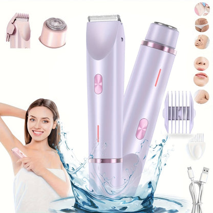 Electric Hair Removal Shaver 2-in-1 Dual Head - USB Rechargeable Epilator with Stainless Steel Blades for Face Body Legs Bikini Line Underarms & Intimate Areas - Women's Cordless Shaver Pink Purple Blue