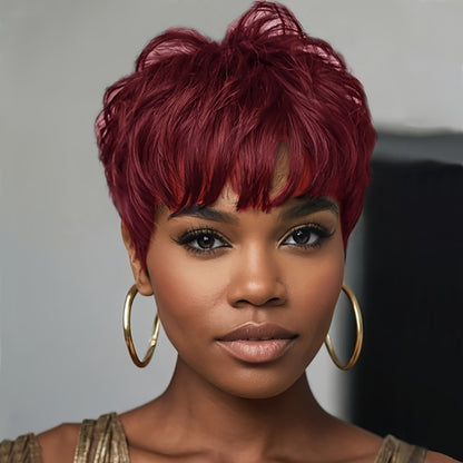 Red Wig with Bangs Short Body Wave Layered Synthetic Hair Heat Resistant 6 Inch Pixie Cut Vivid Red Women Daily Wear Costume Cosplay Halloween Adjustable Cap
