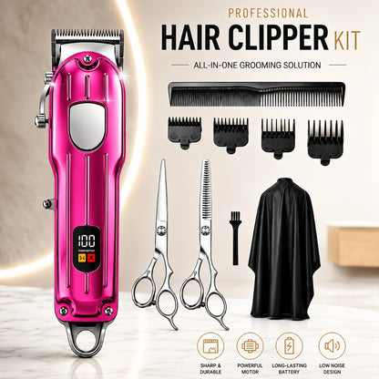 Barber Hair Clipper Kit for Men Professional USB Rechargeable Digital Size Adjustment Complete Set with Scissors 4 Limit Combs Cleaning Brush Gift for Dad Husband