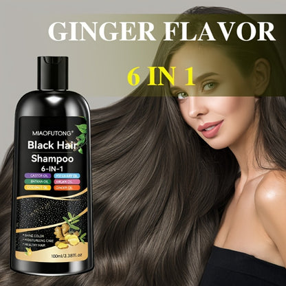 Black Hair Dye Shampoo 6-in-1 Gray Coverage - Castor, Batana, Coconut, Rosemary & Ginger Oil Formula, Instant Color, Glossy & Voluminous, Unisex, All Hair Types
