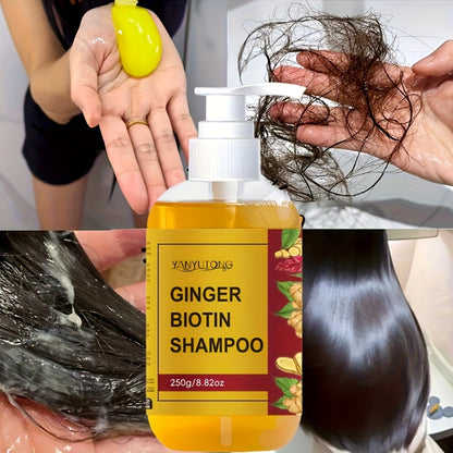 Ginger Biotin Shampoo 250g with Vitamin B7 Deep Cleansing Hydrating Moisturizing Anti-Breakage Anti-Split Ends Soft Bouncy Hair Dual-Purpose Scalp Nourishing Hair Growth Shampoo for Men and Women