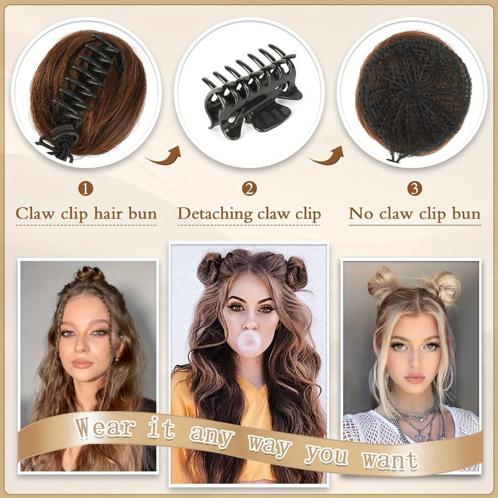 Clip In Hair Bun Extensions Mini Donut Bun with Cat Ears Messy Bun Claw Clip Hairpiece Synthetic Fiber Instant Updo Women Girls Multiple Colors 2 Pcs Set