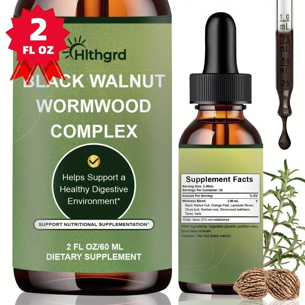 HIthgrd Wormwood Black Walnut Clove Complex Liquid Extract Liquid Drops for Improve Digestive, Gut Support Cleansing Orange Flavor 2fl.oz Suitable for Women Men Black Walnut Wormwood Clove Herbal Supplement