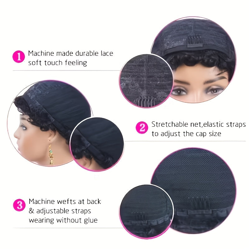 Women'S Human Hair Wig Short Pixie Cut With Bangs, 180%-Density (6inch) Machine-Made Breathable Cap For Perfect For Daily Wear, for carnival Christmas Parties, Black Friday For Women, Quick Hairstyle Change, Versatile&Stylish (No Glue/Adhesive)