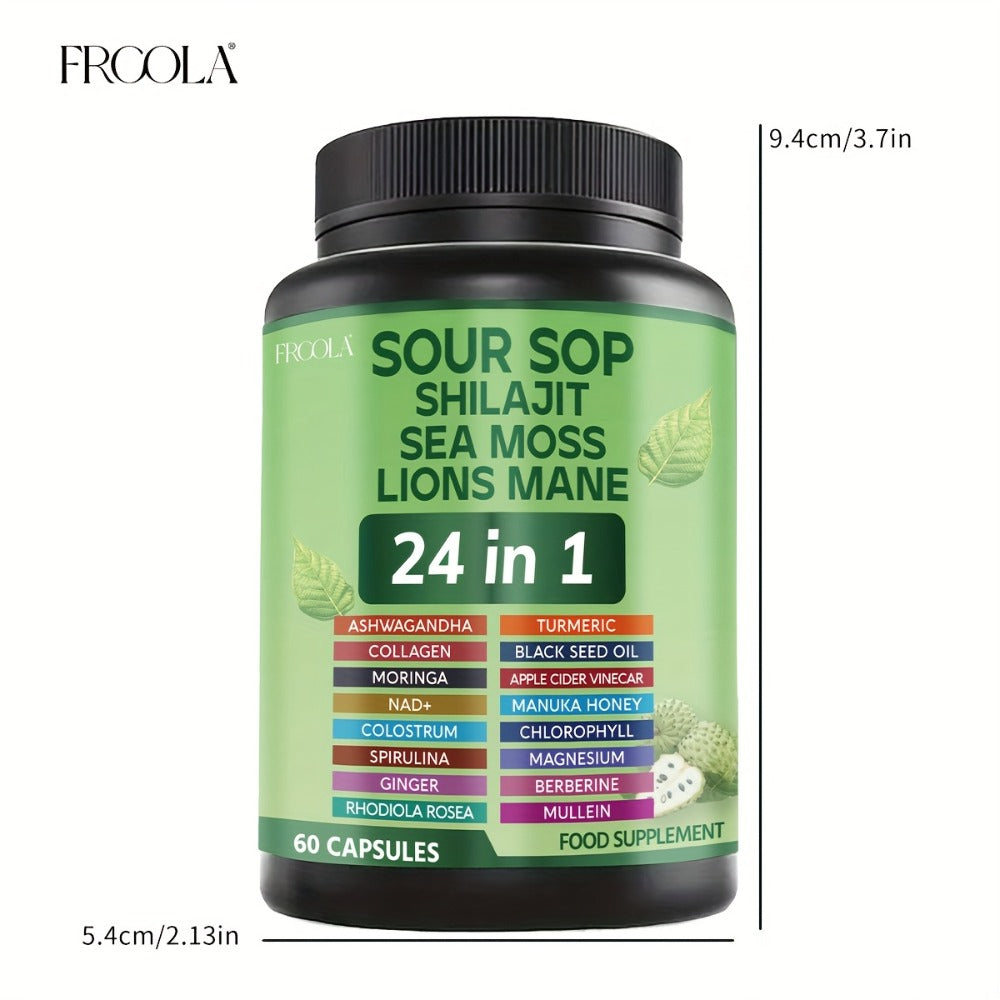 [Daily Wellness Supplement] Natural Soursop, Shilajit, Sea Moss, Lions for Mane 24 IN 1 Capsule - 2238Mg Formula for Immune & Liver Health, Daily Wellness Supplement for Man And Woman - 120 Count