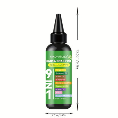 Hair Care Oil 9-in-1 with Turmeric, Rosemary, Castor & Biotin - Deep Hydration, Frizz Control & Smoothness for All Hair Types, Plant-Based Squalane, 100ml