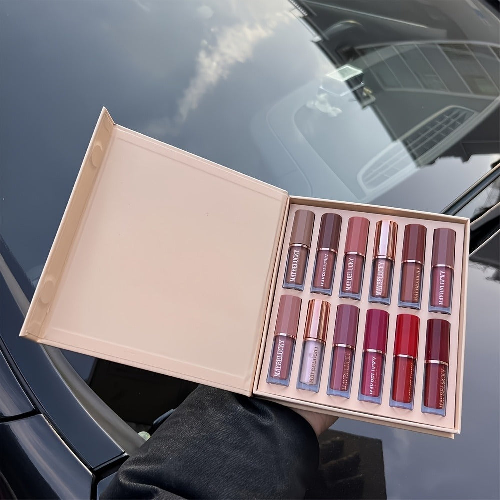 Velvet Matte Liquid Lipstick Set 12 Pcs - Book Style Gift Box, Long-Lasting Non-Transfer Shimmer & Nude Shades, Perfect Christmas & Valentine's Day Gift for Women