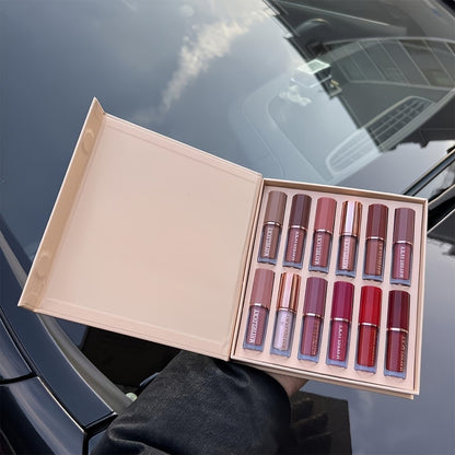 Velvet Matte Liquid Lipstick Set 12 Pcs - Book Style Gift Box, Long-Lasting Non-Transfer Shimmer & Nude Shades, Perfect Christmas & Valentine's Day Gift for Women