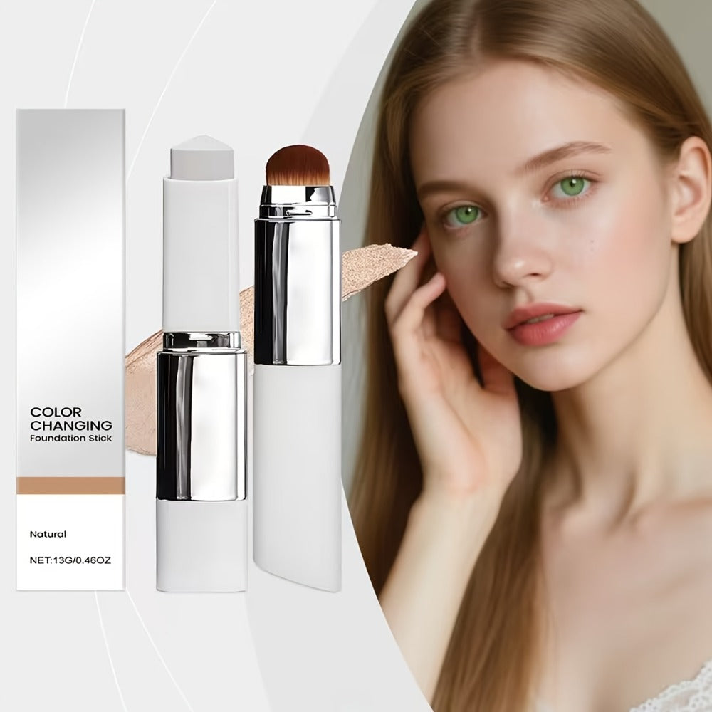 Color-Changing Foundation Stick 2PCS with Built-In Brush & Puff - Skin Tone Adapting Lightweight Matte Finish Sheer to Buildable Coverage Everyday Makeup for Women Ivory White Natural & Dark Skin