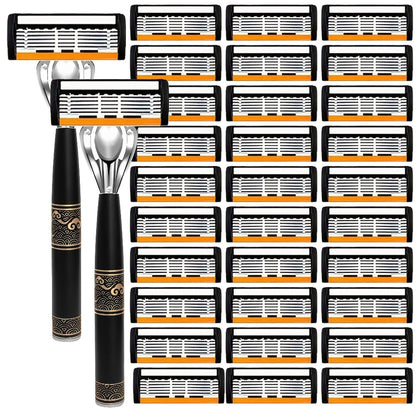 Men's Razor 6-Layer Blade Refill Kit with Handle - Smooth Precise Shaving Cartridge Razor for Men Multiple Refill Options 6 12 24 30 36 Blades High-End Shave