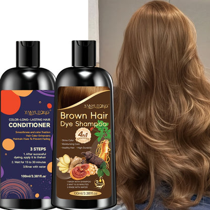 Hair Dye Shampoo and Conditioner Set — 4-in-1 Long-Lasting Hair Color with Ginger & Herbal Extracts, Gentle Gray Hair Coverage, Moisturizing Formula for All Hair Types, 3 Shades