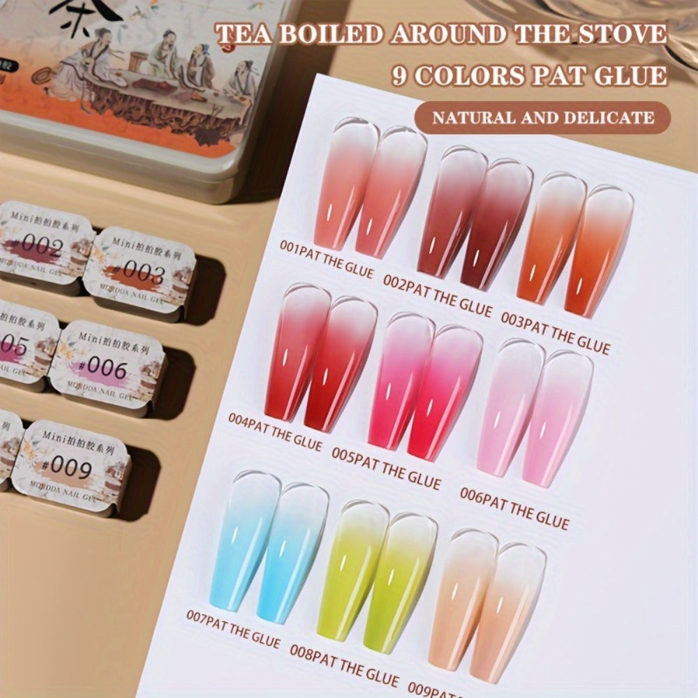 MORDDA Nine-Grid Tea Brewing Around The Stove 9pcs/Set---Autumn And Winter New Nail Polish Glue 9pcs/Set Firm And Durable Pat Glue Gradient Effect Christmas Nail Art Gift Nail Salon Nail Art