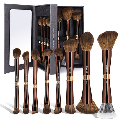 Double-Ended Makeup Brush Set 8-Piece with Storage Box - Aluminum Alloy Handle Foundation Blush Contour Brushes, Travel Gift for Women