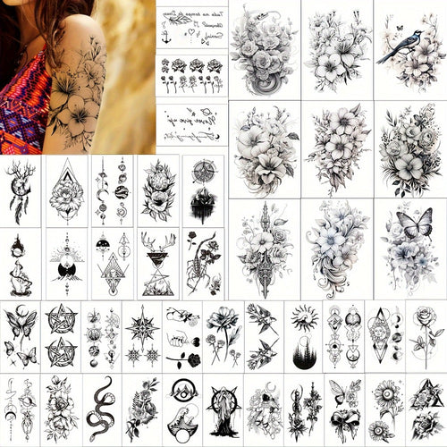 Temporary Tattoos for Women 44-Pack | Realistic Floral Butterfly Snake Half Arm Body Art Stickers | Large & Small Sheets Long-Lasting Fake Tattoo | Waterproof Black Flower Tattoo Design Set