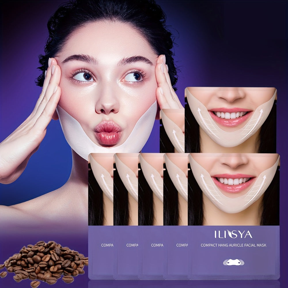 ILISYA V Shaped Double Chin Gel Mask 7pcs, V Line Chin Lifting Strap, Toning Hydrogel Collagen Face Mask with Hyaluronate And Coffee Extract, Firming Tightening Skin Chin Up Sculpting Tape, Neck Jawline Lift Belt
