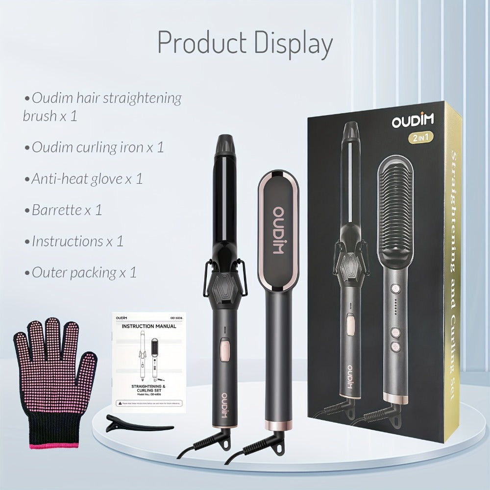 Straightening Comb And Curling Iron Set, Hair Curler, Hair Straightening Brush Flat Iron for Women, Anti-Scald, Quick, Precise Temperature Control, Auto Shuts Off, Suitable for Home, Office And Travel, Gifts for Birthday, Wow Hair Products