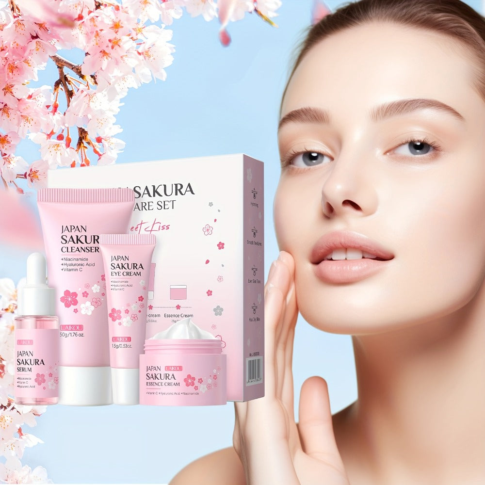 LAIKOU Sakura Gift Box 4pcs Skincare Set, Serum 0.59Fl.Oz, Skin Moisturizer 0.88Oz, Eye Cream 0.53Oz, Soft Foam Facial Wash 1.76Oz, Mother'S Day Gift Set, for Uneven Complexion