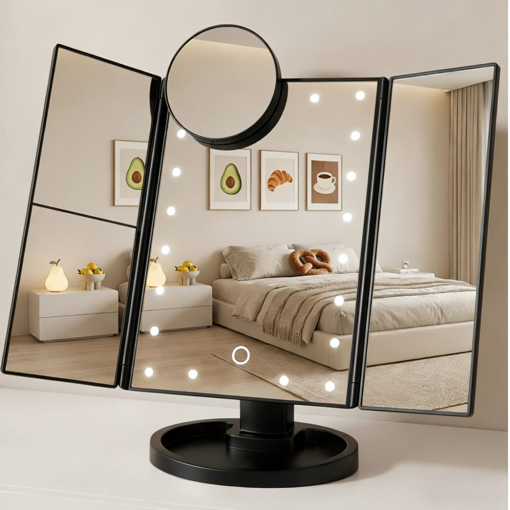 Vanity Mirror with Lights Tri-Fold 21 LED Lighted Makeup Mirror - Touch Control 1X 2X 3X 10X Magnification 360° Rotation Dual Power Trifold Tabletop Mirror