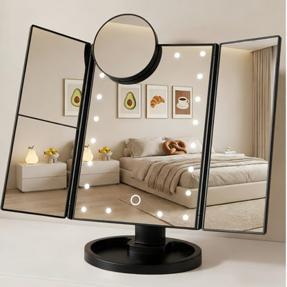 Vanity Mirror with Lights Tri-Fold 21 LED Lighted Makeup Mirror - Touch Control 1X 2X 3X 10X Magnification 360° Rotation Dual Power Trifold Tabletop Mirror