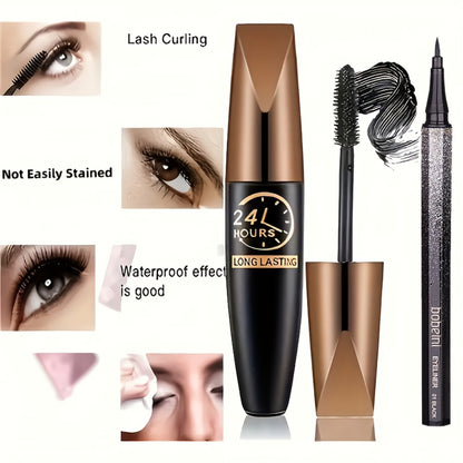 Mascara 8D Fiber Volume & Lengthening Smudge-Proof Waterproof Lash Enhancer, Long-Lasting Black Mascara Set with Eyeliner Pencil, Luxury Beauty Gift for Her
