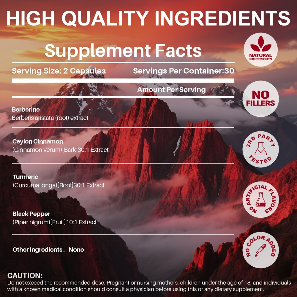 Premium Berberine |Digestion Wellness&Banlanced Diet, Vascular & Circulatory Health, Sugar & Insulin Balance|Plus with Ceylon Cinnamon, Turmeric & Black Pepper, 60 Capsules, 1 Month Supply