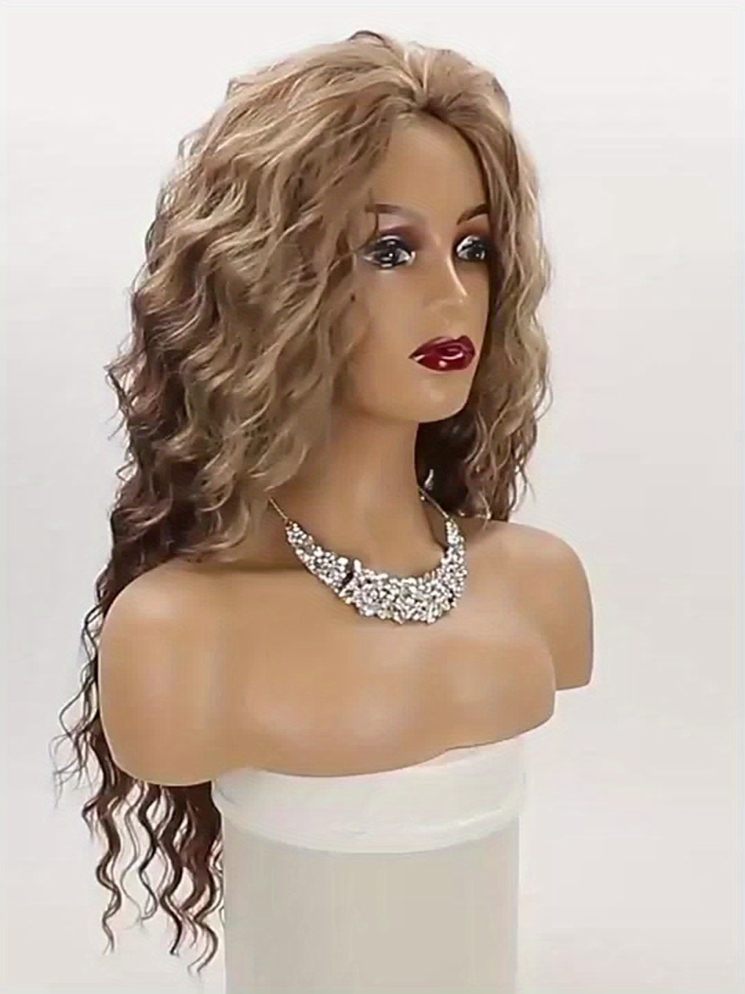 Ombre Ash Blonde Brown Curly Wig Long Wavy Middle Part Natural Looking Dark Roots Synthetic Wigs for Women 80s Halloween Carnival Party Wig Costume Party Or Daily Use 28 Inches