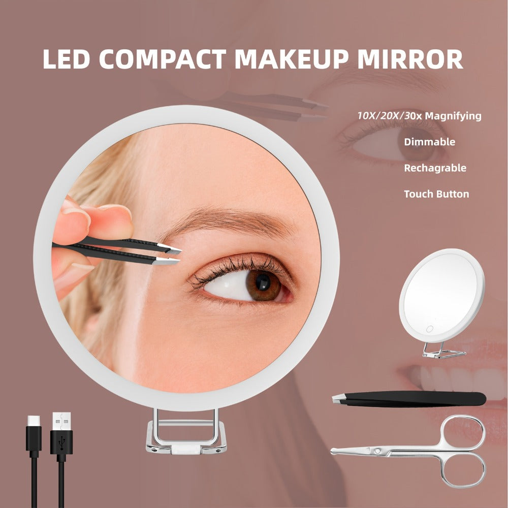 LED Illuminated Magnifying Mirror, 30X Lighted Makeup Mirror, Travel Makeup Mirror, 6-Inch Pocket Handheld Makeup Mirror, Hanging Magnifying Mirror, Rechargeable Pocket Makeup Mirror, Gift for Men and Women; Mother's Day Gift, The Best Choice