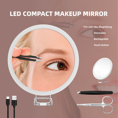 30X LED Magnifying Makeup Mirror Rechargeable, 6-Inch Lighted Handheld Pocket Mirror with Hanging Loop, Portable Travel Vanity Mirror for Precision Makeup & Grooming, Gift for Women and Men