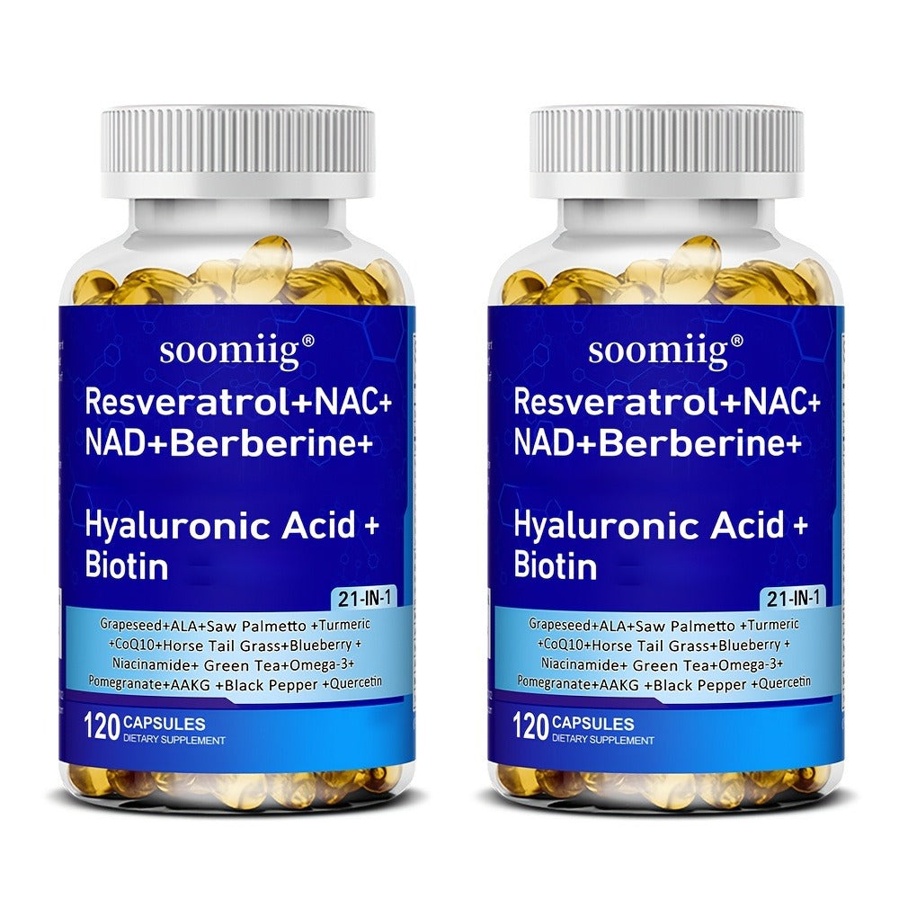 [120 Capsules] Resveratrol + NAC + NAD + Collagen Peptides + Hyaluronic Acid + Thiamine Supplement, Containing Saw Palmetto, Coenzyme Q10, Quercetin, Omega-3 And Black Pepper, Supports Mood, Hair, Nail And Eye Health, 120 Capsules (Optional 1/2/3 Bottles)