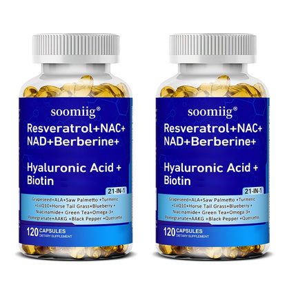 Resveratrol Supplement with NAC NAD Collagen Peptides Hyaluronic Acid – Supports Mood, Hair, Nail & Eye Health | 120 Capsules with Saw Palmetto CoQ10 Quercetin Omega-3 Thiamine Black Pepper