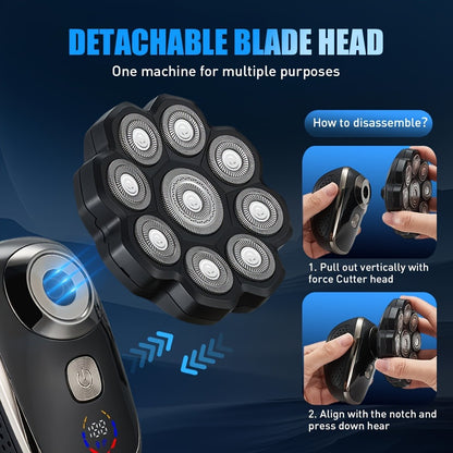 Electric Shaver for Men 5-in-1 Bald Head Shaver Wet Dry Electric Razor with 7D 9D Floating Head Detachable Magnetic Blades Cordless Grooming Kit Gift for Dad