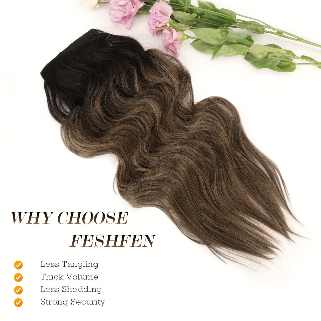 FESHFEN 18 Inch Brown Mixed Ash Blonde Invisible Wire Hair Extensions with Clear Wire Synthetic Long Wavy Wigs for Women Halloween Party And Christmas Use