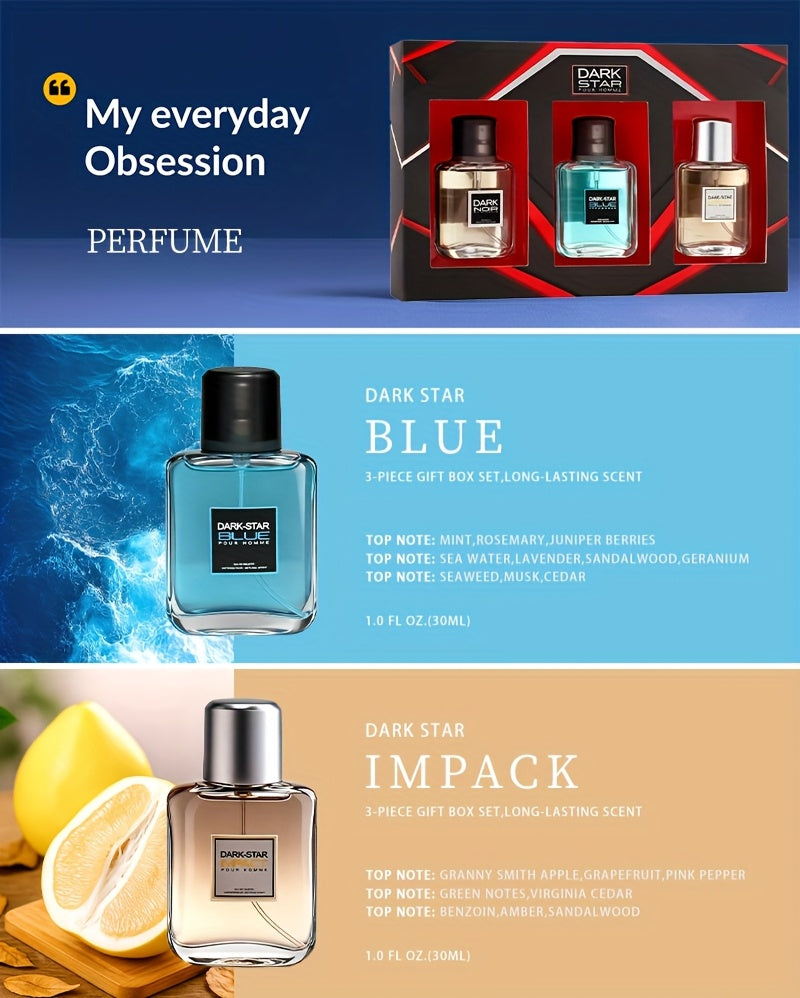 Gift Box Containing a 3pcs Set of Men'S Eau De Toilette Spray, Featuring a Long-Lasting Scent with Three Distinct Fragrances, Ideal for Holidays, Dating, Everyday Use, And Parties, with Each Bottle Holding 1 Fluid Ounce