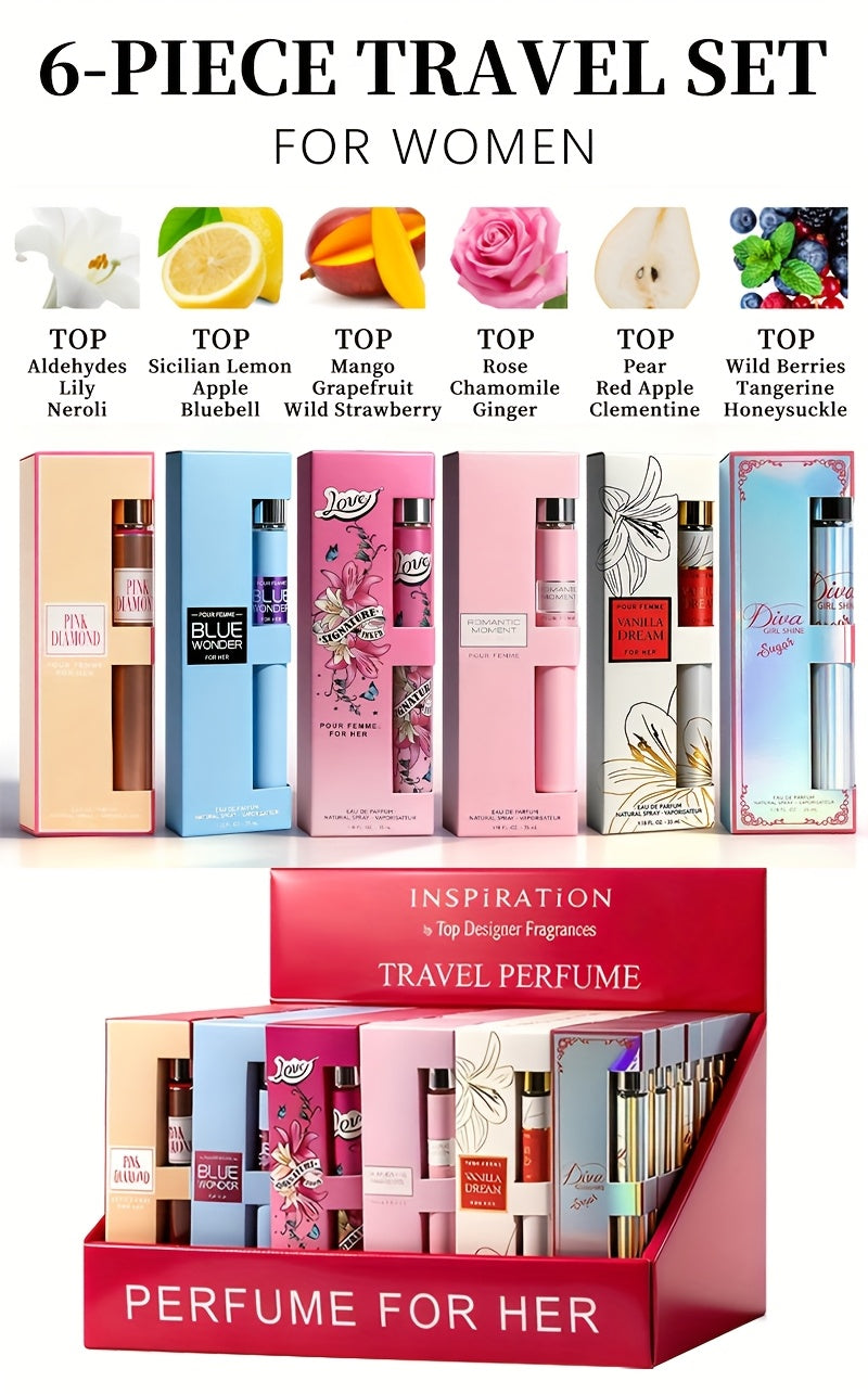 6pcs Travel Set, Women's Eau De Parfuma Spray, Long Lasting Fragrance, 6 Different Flavor, Perfect for Holiday Gifts, Dating, Daily Life, Parties, 1.18fl.oz/bottle