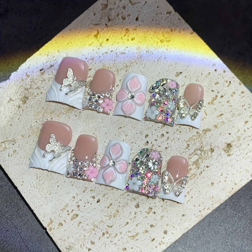 False Nails Short Duckbill White French – Golden Glitter Butterfly & Hand-Carved Flower | Gorgeous Handmade Nail Art for Wedding, Party & Daily Wear, 10pcs S/M/L