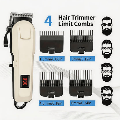 Professional Hair Clipper Set for Men — USB Rechargeable, Large-Capacity Battery, LCD Display, Reinforced White Design, Business Travel Essential, Gift for Dad & Son