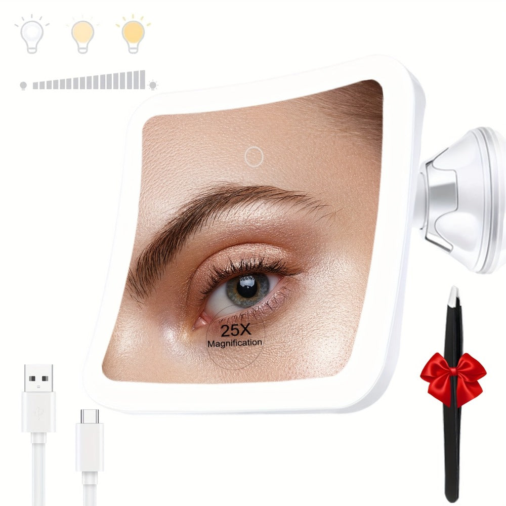 2000mAh Rechargeable 25X Magnifying Mirror with Light, Suction Cup, Locking Suction Mount, Travel Magnifying Mirror with 360° Adjustable, Travel Makeup Mirror with Dimmable Touch & 3 LED Light Settings, Valentine's Day Gifts, Weddings, Birthday Gift