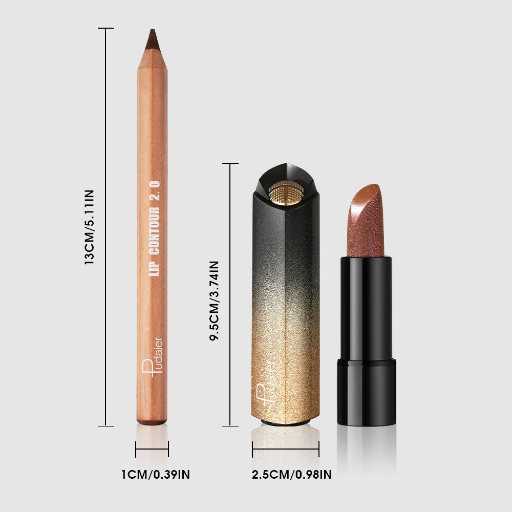 Luxury Golden Lipstick Set with Lip Liner Pencil — Brown Shimmer & Nude Lip Liner, Viral Fall Makeup Kit 2pcs Press Gold Lip Color