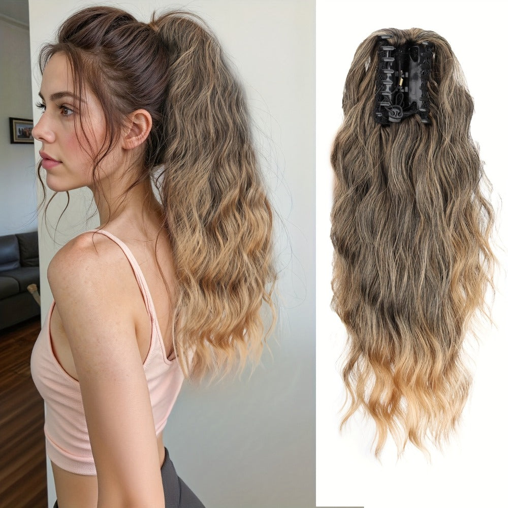 Curly Water Wave Ponytail Extension 16 Inch - Heat Resistant Synthetic Clip In Hairpiece Voluminous Claw Clip Ponytail for Women Daily Wear Festive Occasions Black Burgundy Brown Golden