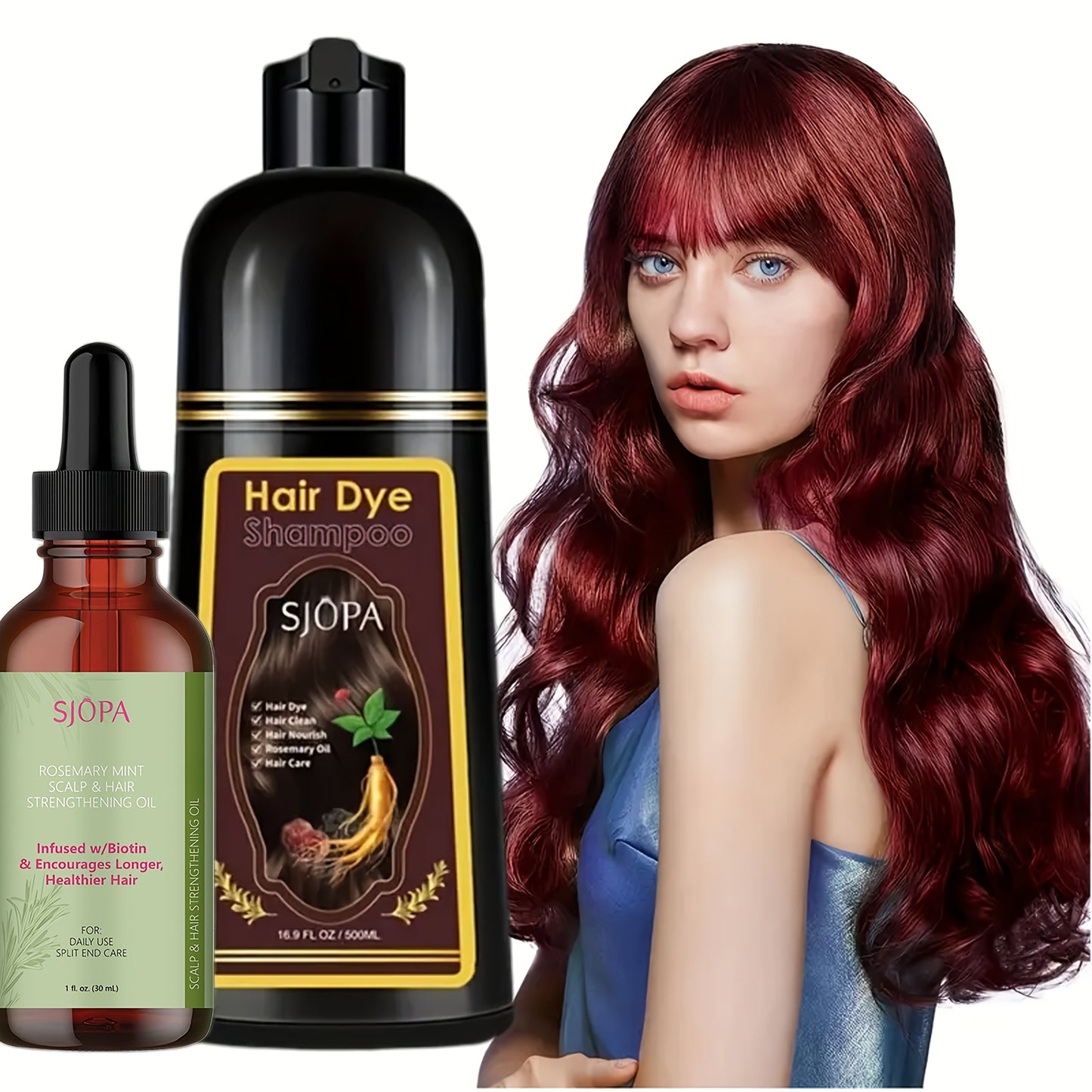 Hair Dye Kit 3-in-1 Color Shampoo with Rosemary Hair Oil - Natural Safe Formula Quick Coloring Gentle on Skin Unisex 500ml Black Brown Red Purple Silver Multi Color