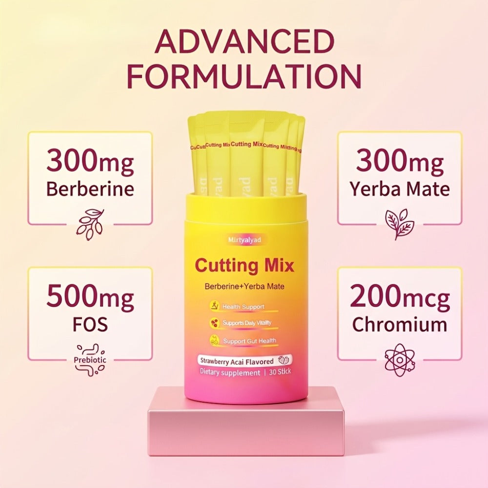 30 Strawberry Acai Flavored Sticks • Vegan Cutting Mix Dietary Supplement with Berberine And Yerba Mate • Natural Support • Gluten-Free • Dairy-Free • Perfect Family Gift